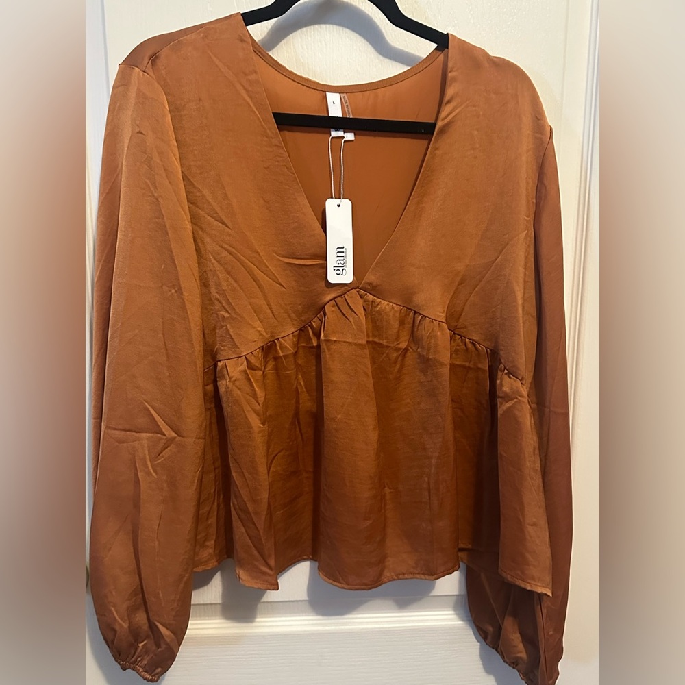 Glam Women's Warm Bronze V-Neck Satin Blouse